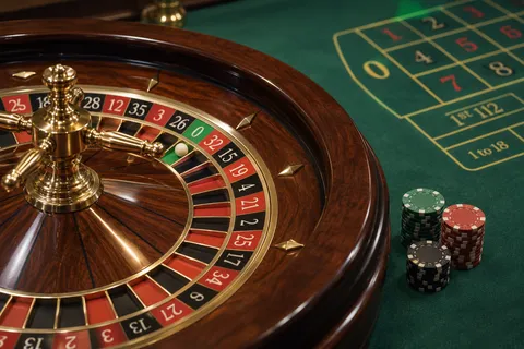 AI illustration: roulette wheel and chips on green felt