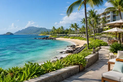 AI illustration: tropical coastline and promenade