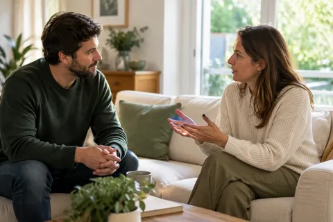 AI illustration: Two adults talking calmly in a living room