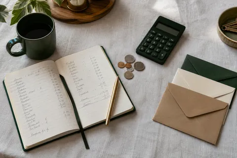 AI illustration: Spending ledger, calculator and budget envelopes