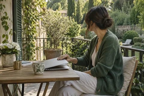 AI illustration: Adult closing a laptop beside a garden
