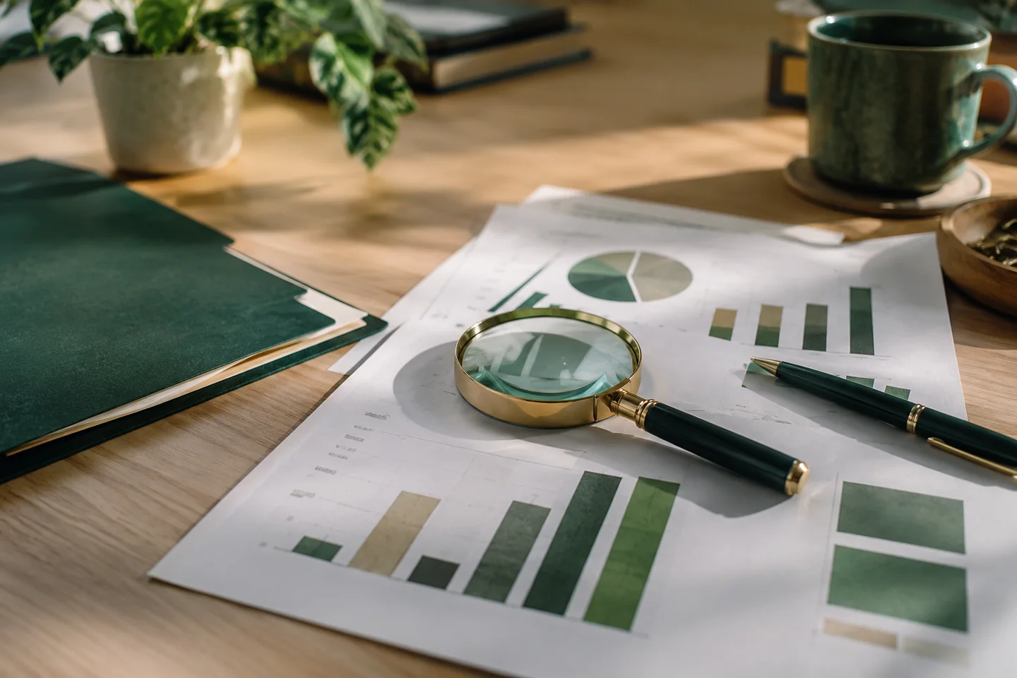 AI illustration: Magnifying glass and unlabeled charts on a desk