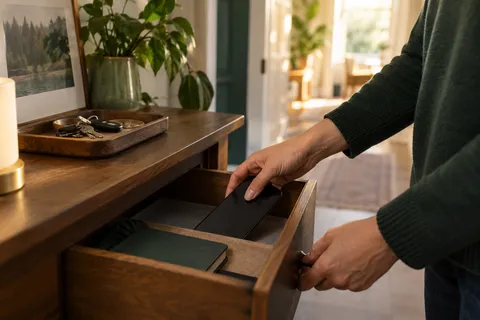 AI illustration: Adult hands putting a phone into a drawer