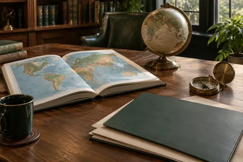 AI illustration: Atlas, globe and folders on a reading table
