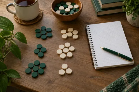 AI illustration: Grouped tokens and squared notebook for studying averages